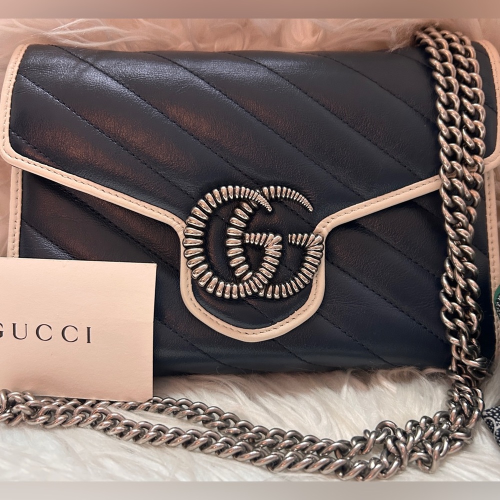 Gucci Vintage Effect GG Marmont Torchon Chain Bag in  Blue Agata & Mystic White